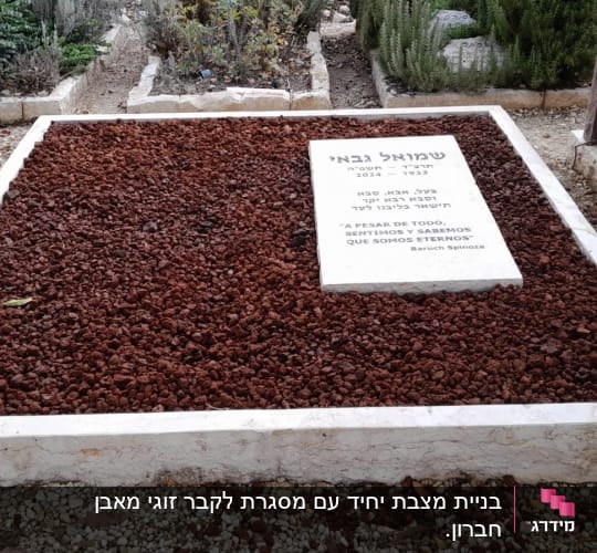 מצבה עם כיתוב בעברית ואנגלית על רקע חצץ אדום